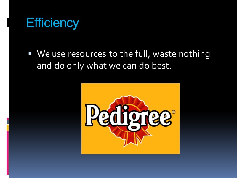 Efficiency  We use resources to the full, waste nothing and do only what